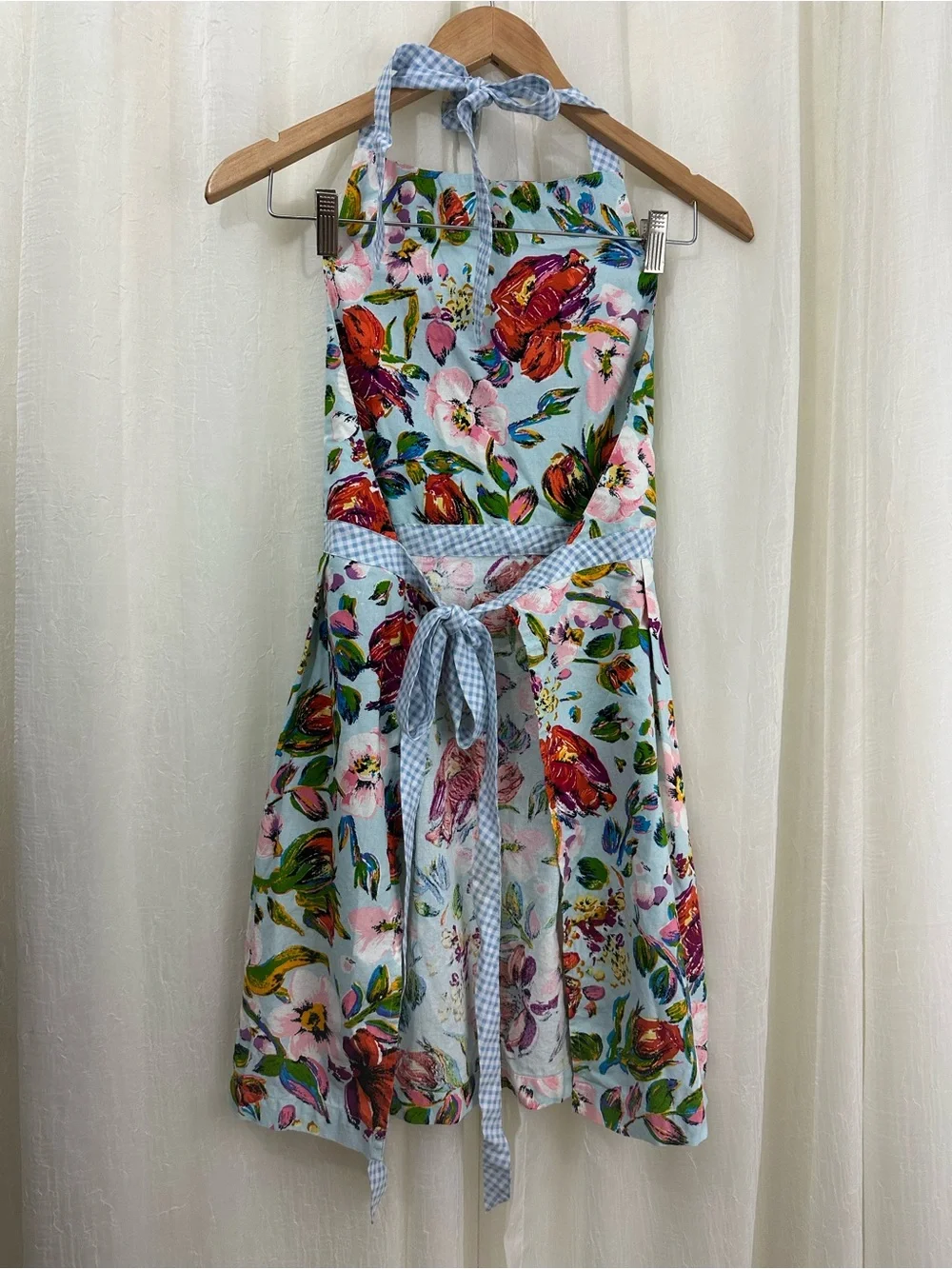 Vera Bradley Floral Multicolor Cotton Apron with Blue Gingham Ties